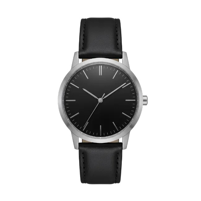 Classic Silver Wristwatch with Black Leather Strap