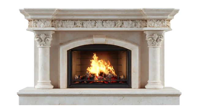 Classic Stone Fireplace Mantel with Burning Fire