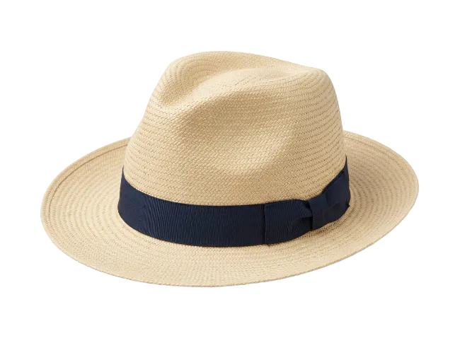 Classic Straw Fedora Hat with Navy Blue Ribbon