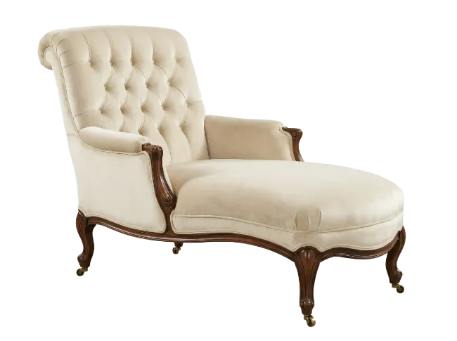 Classic tufted chaise lounge with dark wood frame