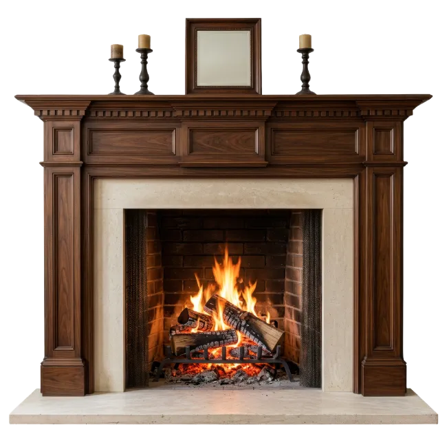 Classic Wooden Fireplace with Burning Logs
