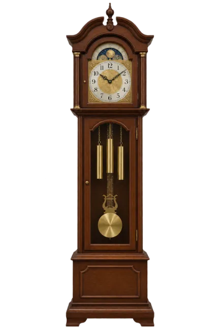 Classic wooden grandfather clock with brass pendulum