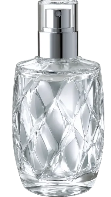Clear glass perfume bottle with geometric faceted design