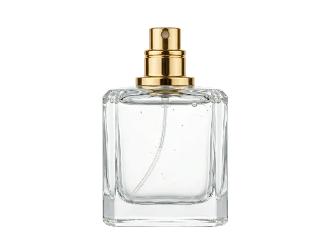Clear glass perfume bottle with gold spray nozzle