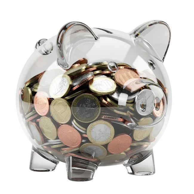 Clear Glass Piggy Bank Filled With Coins