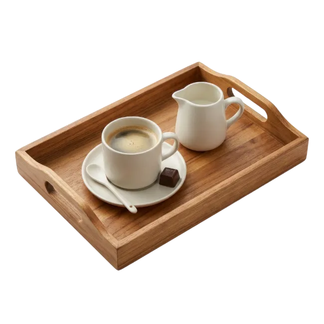 Coffee Cup And Milk Jug On Wooden Tray