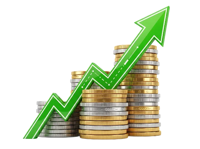 Coins Stacks with Rising Green Arrow