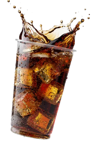 Cola splash in plastic cup with ice cubes
