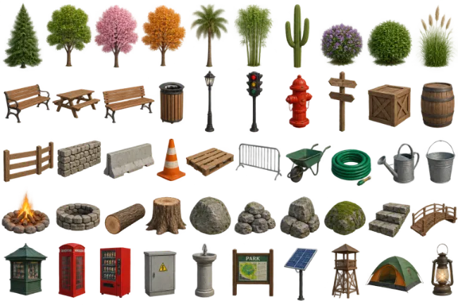 Collection of 3D Park Nature and Urban Street Props