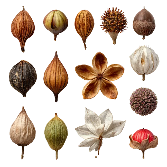 Collection of dried seed pods and capsules