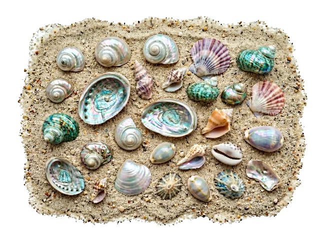 Collection of seashells on sand