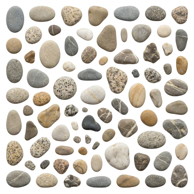 Collection of smooth river stones on white background