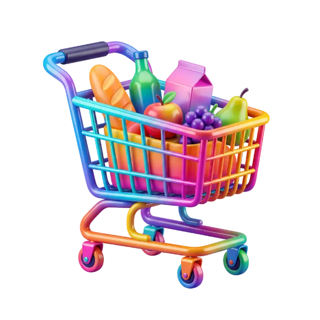Colorful 3D Shopping Cart Filled With Groceries