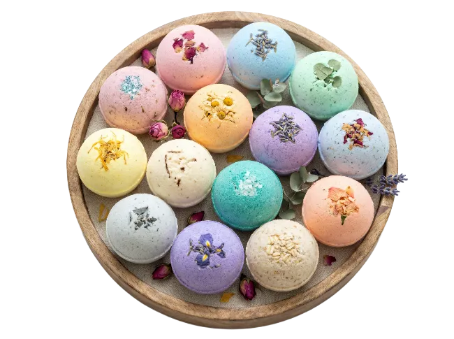 Colorful Bath Bombs in Wooden Tray