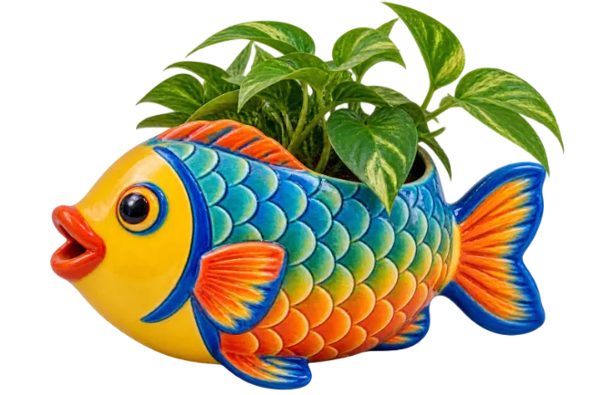 Colorful Ceramic Fish Planter with Green Houseplant