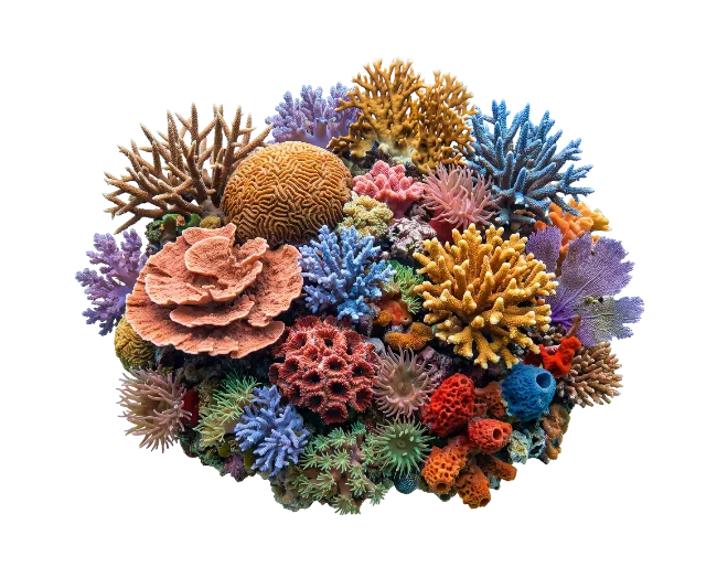 Colorful coral reef cluster with diverse marine invertebrates