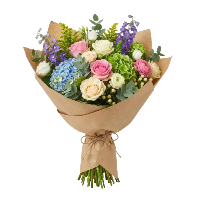 Colorful Flower Bouquet Wrapped in Brown Paper
