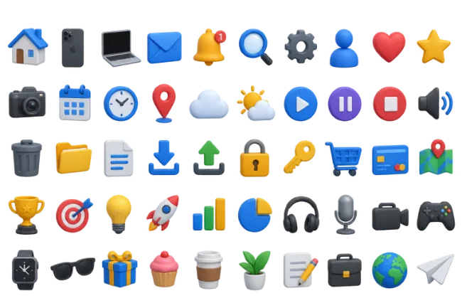 Colorful Glossy 3D UI Interface and Application Icons Set