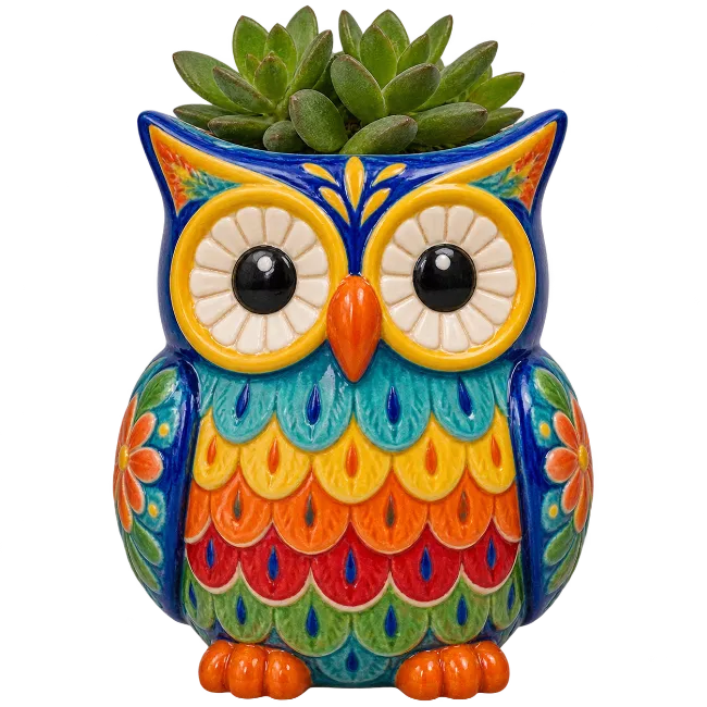 Colorful Owl Planter with Succulent