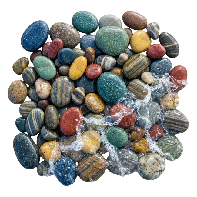 Colorful Polished Beach Stones with Water Splashes