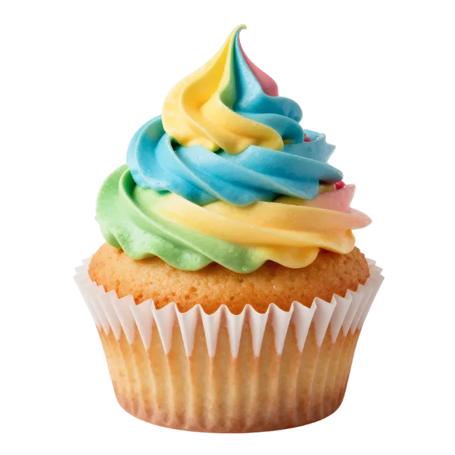 Colorful Swirled Frosting Cupcake on White Wrapper
