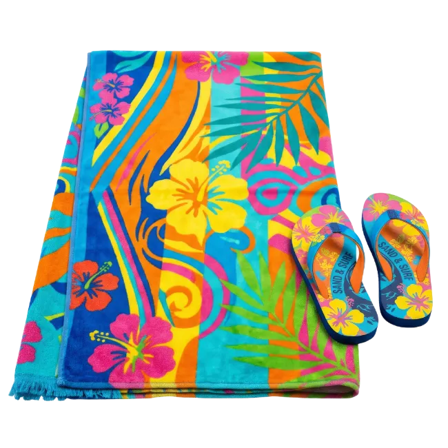 Colorful Tropical Beach Towel and Flip Flops