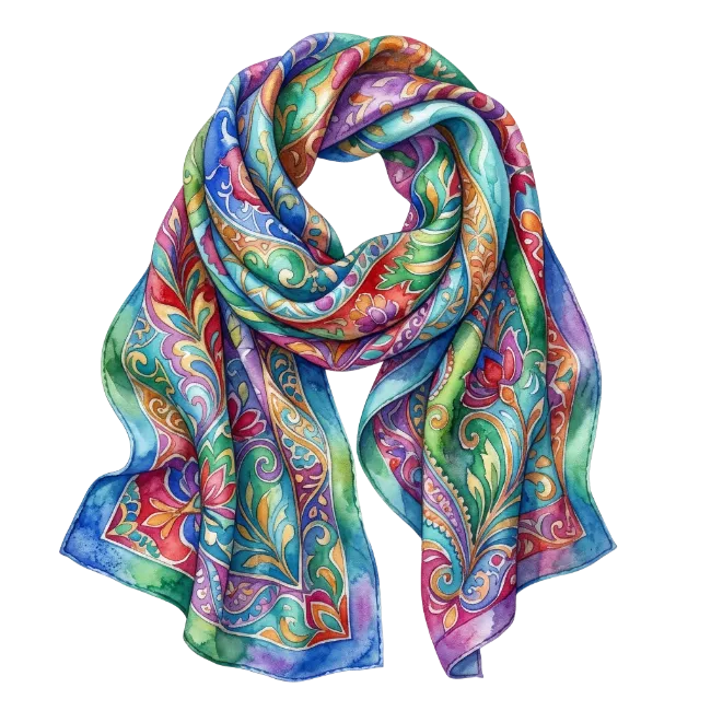 Colorful Watercolor Silk Scarf with Intricate Patterns