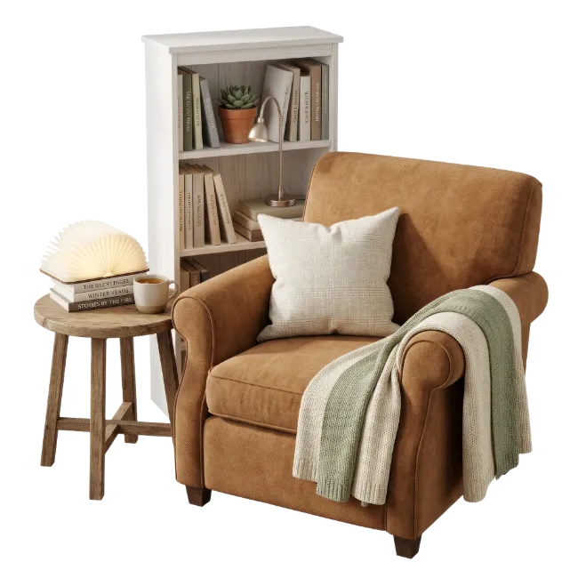 Comfortable Armchair with Bookshelf and Side Table