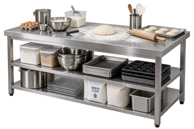 Commercial stainless steel bakery table with baking equipment