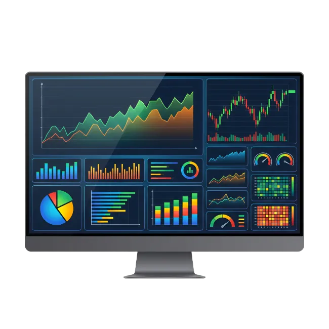 Computer monitor displaying financial charts and graphs