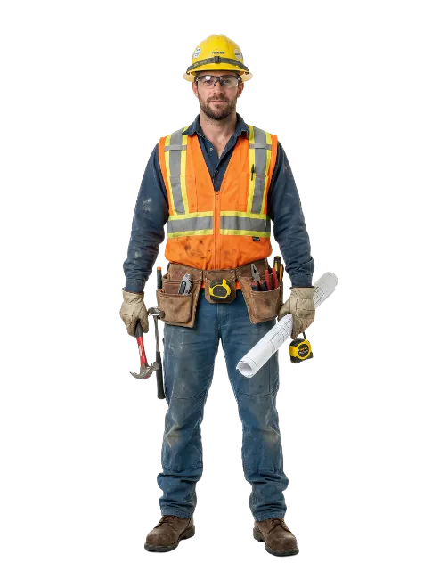 Construction Worker Holding Blueprint and Hammer