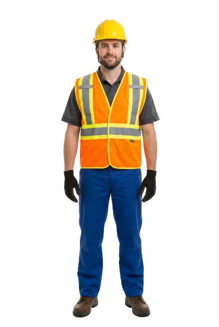 Construction Worker in Safety Vest and Hard Hat