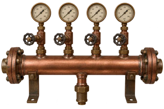 Copper Manifold with Four Pressure Gauges