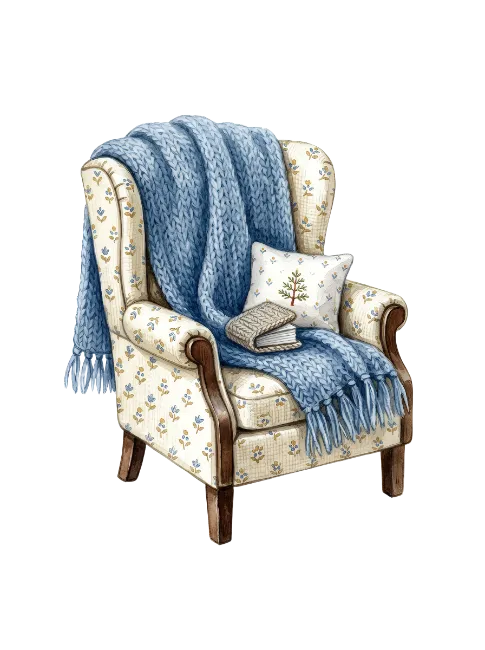 Cozy Armchair with Blue Knitted Blanket and Pillow