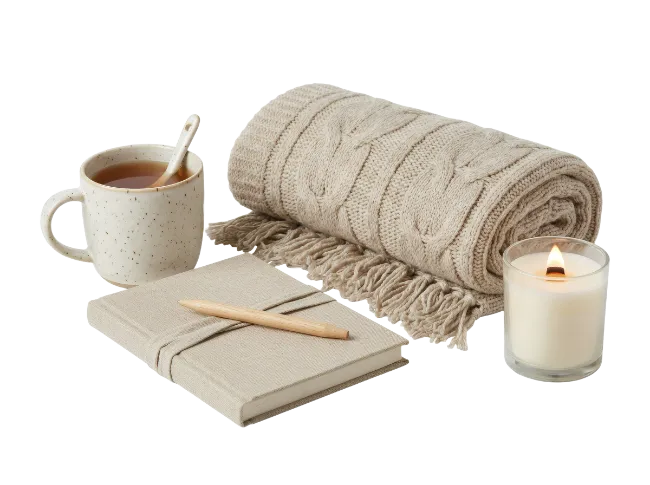 Cozy autumn setup with knit blanket notebook and candle