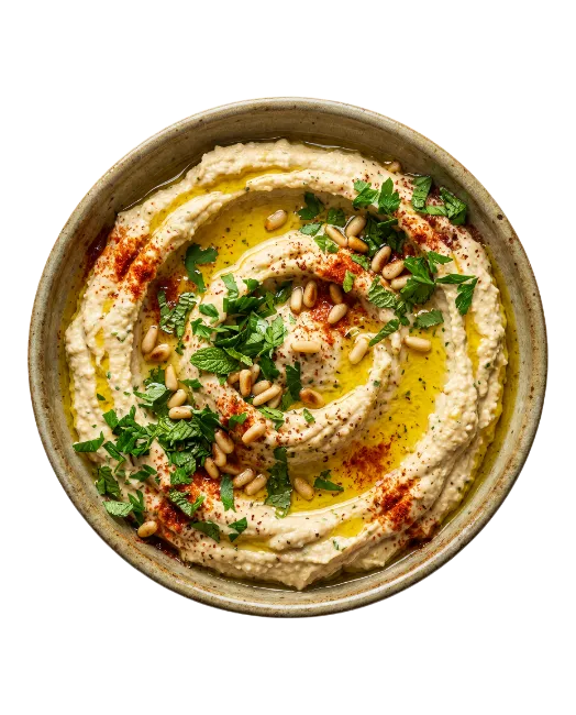 Creamy Hummus Bowl with Olive Oil and Pine Nuts