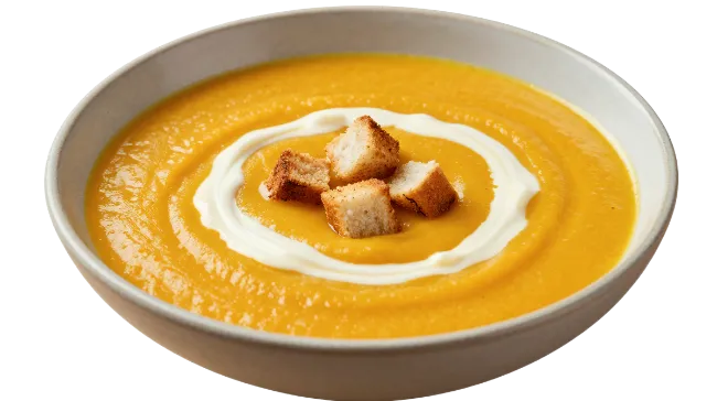 Creamy Pumpkin Soup with Croutons in a Bowl