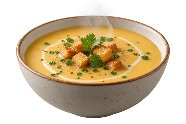 Creamy Pumpkin Soup with Croutons in Ceramic Bowl