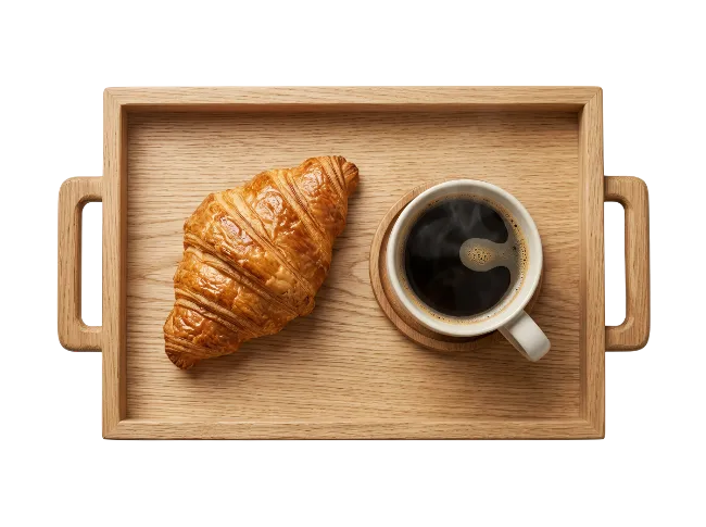 Croissant and Coffee on Wooden Tray