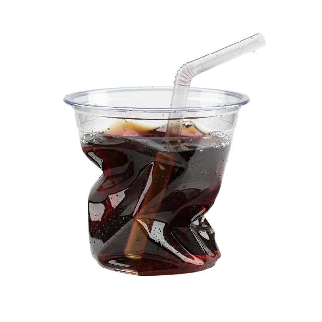 Crushed plastic cup with dark cola and straw