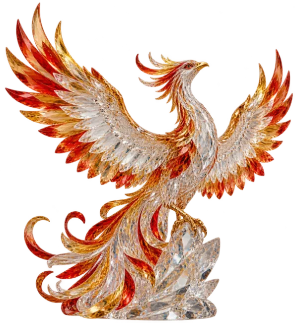 Crystal Phoenix Bird Sculpture with Fiery Wings