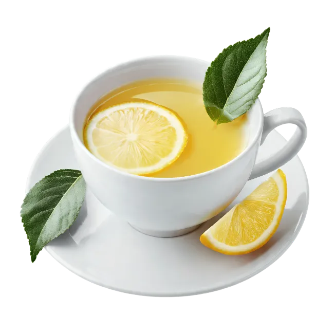 Cup of Hot Lemon Tea with Slices and Leaves