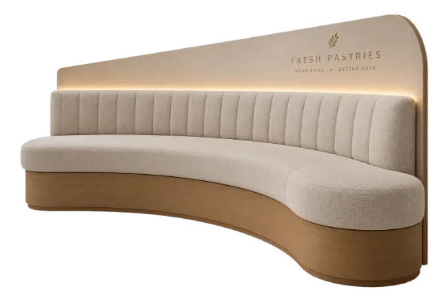 Curved Beige Upholstered Restaurant Booth Seating