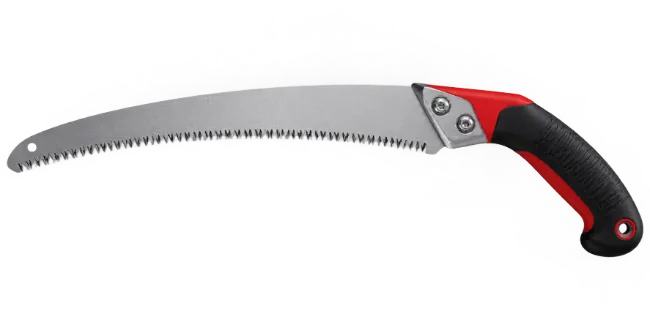 Curved pruning hand saw with red and black handle