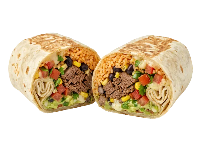 Cut Beef Burrito with Rice and Beans