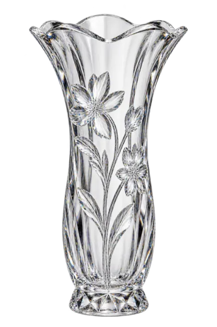 Cut Crystal Flower Vase with Etched Floral Design
