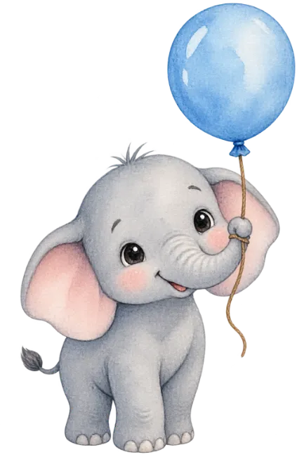 Cute Baby Elephant Holding Blue Balloon