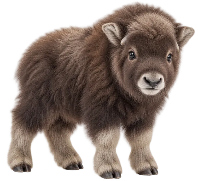 Cute Baby Muskox Standing on White Background