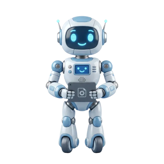 Cute Blue and White Robot Holding Tablet