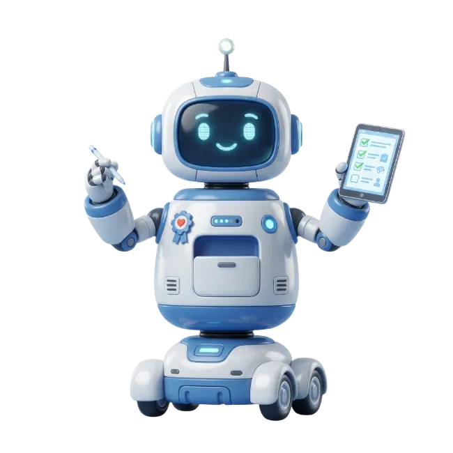 Cute Blue and White Robot Holding Tablet